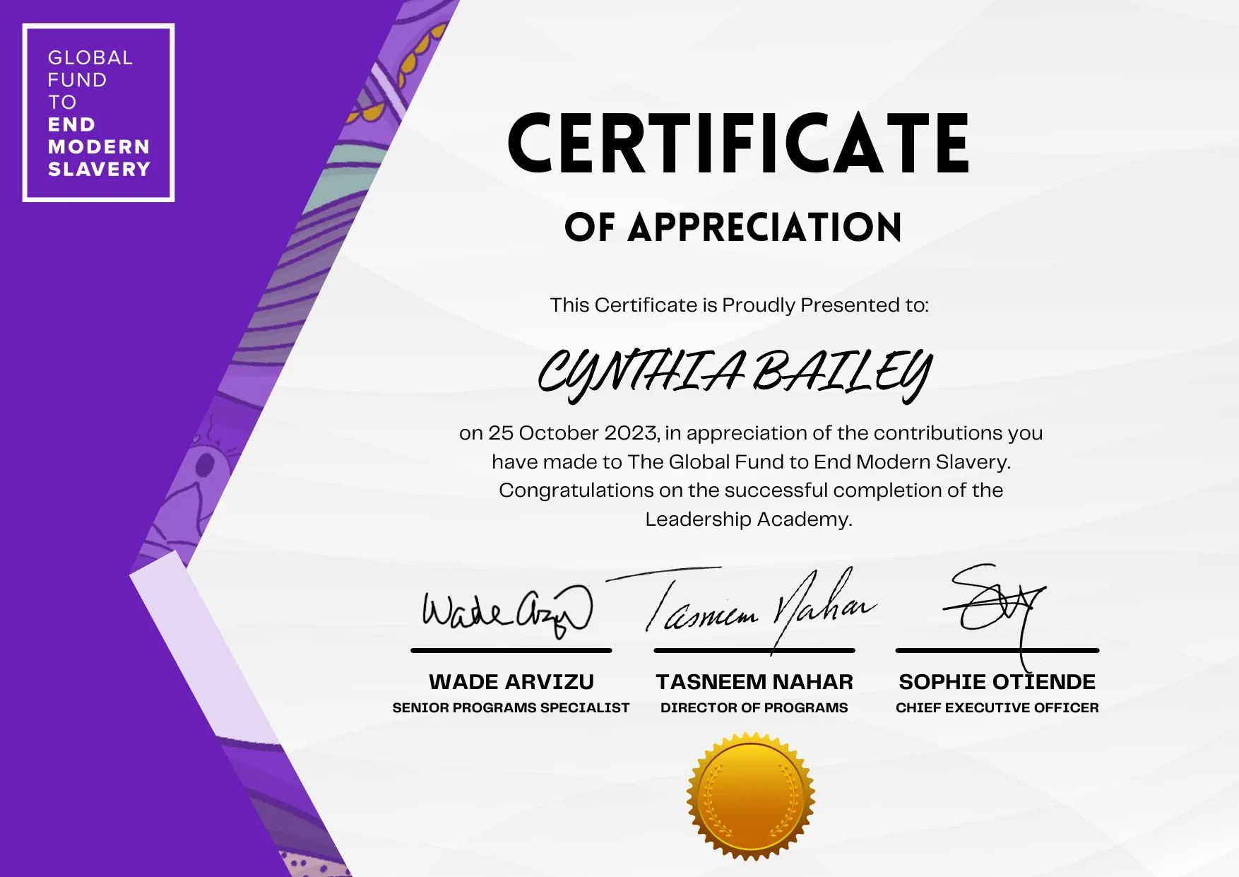 Certificate of Appreciation awarded to Cynthia M. Bailey by Global Fund to End Modern Slavery