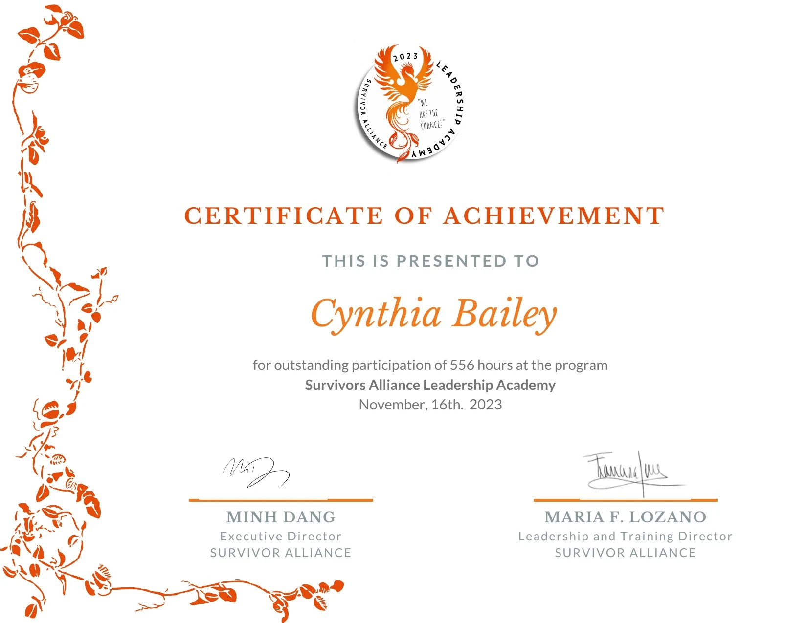 Certificate of Achievement awarded to Cynthia M. Bailey by Survivor Alliance